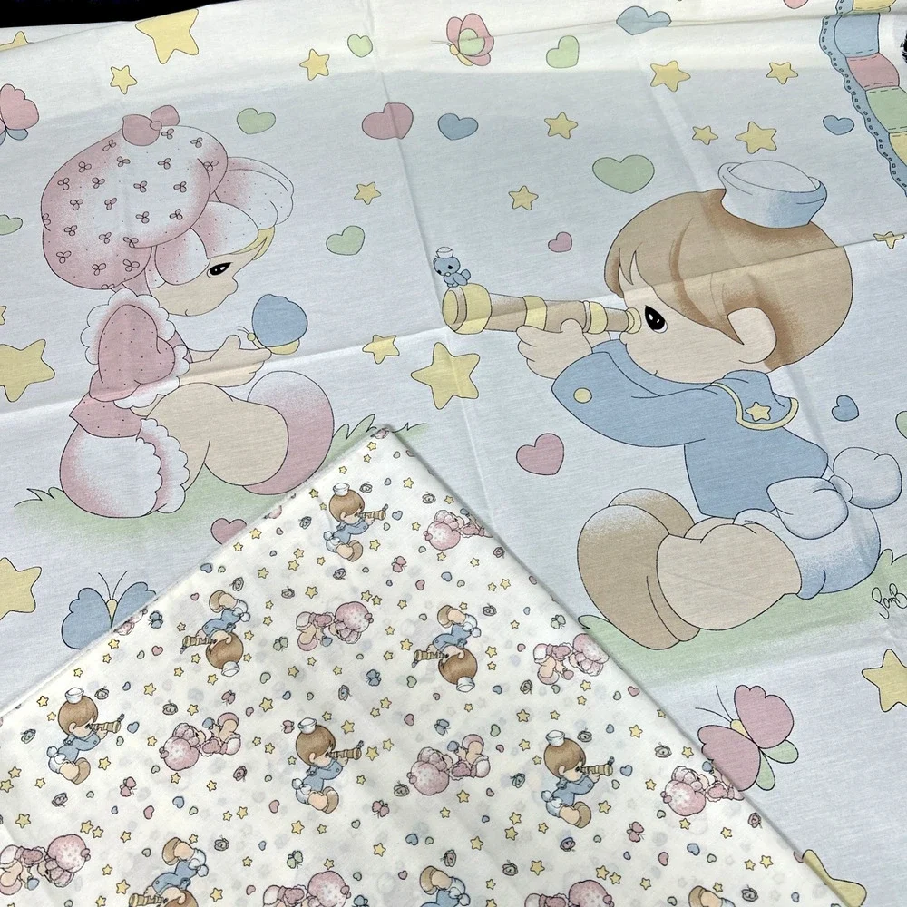 Vtg 1998 Precious Moments Boy Girl Crib Blanket/Sheet Fabric Panel Hearts Stars